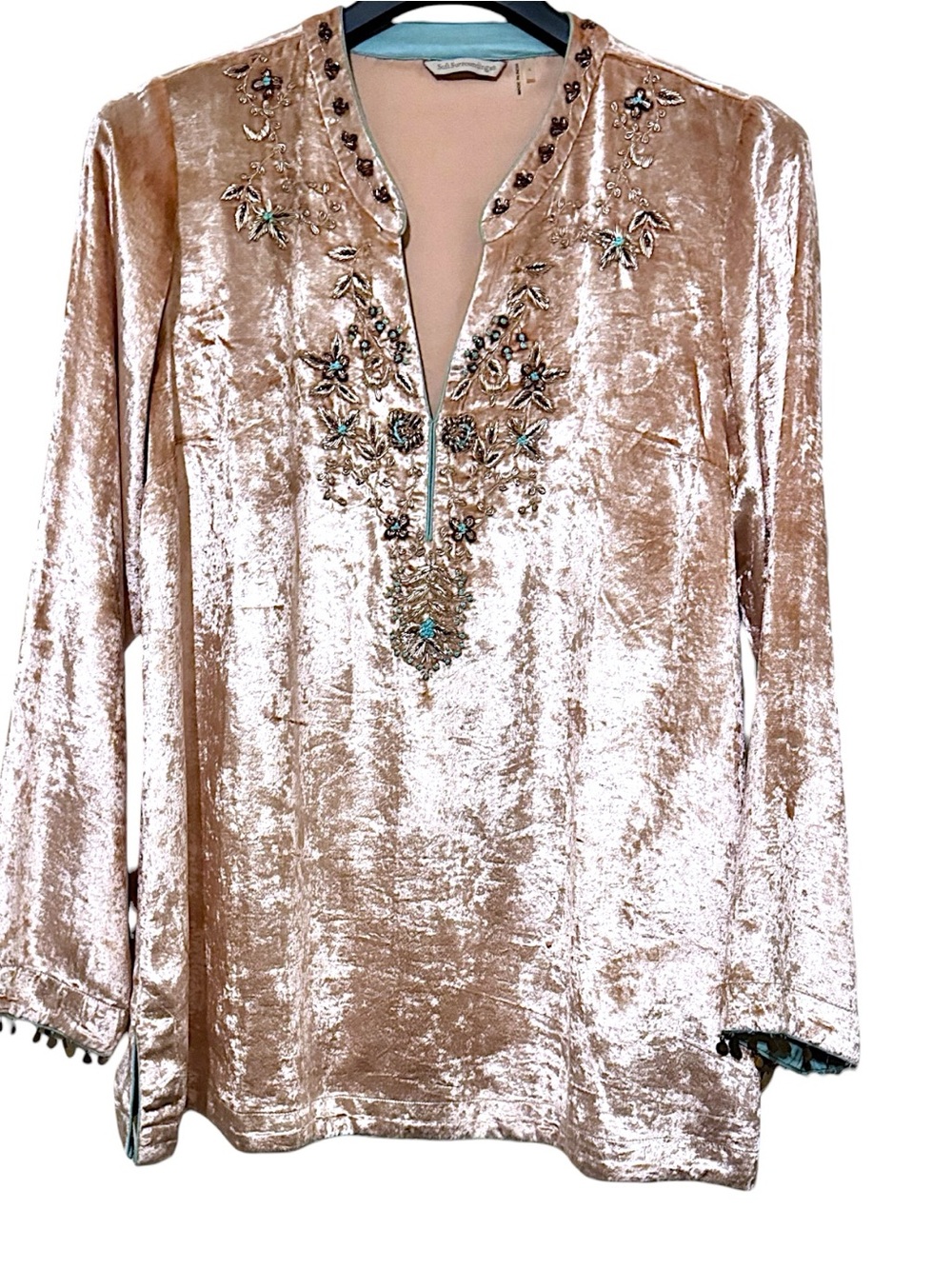 Soft Surroundings Blush Pink/Turquoise Moroccan Beaded Crushed Velvet Tunic Sz L